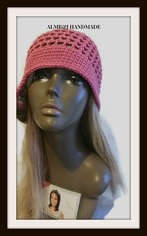 Crochet Mesh Hat  / Light Raspberry With Pink Camo Side Brim , Crochet Beanie , Side Flap Beanie , Crochet hat , Women Crochet Beanie