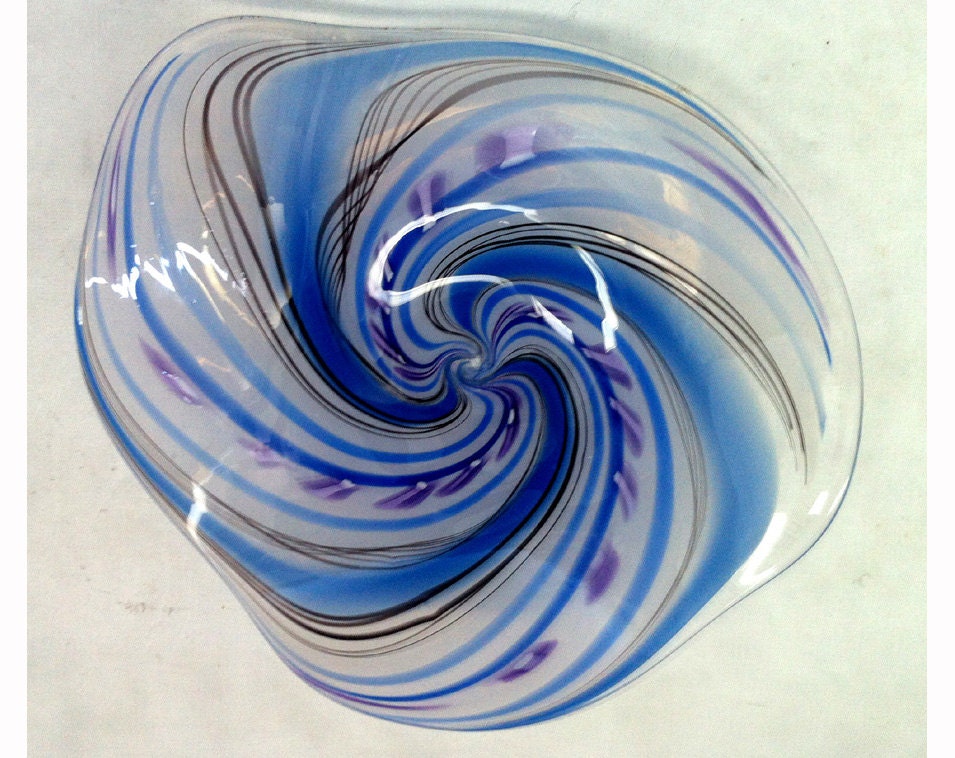 Wavy Blue and Black Striped Blown Glass Plate / Dish White