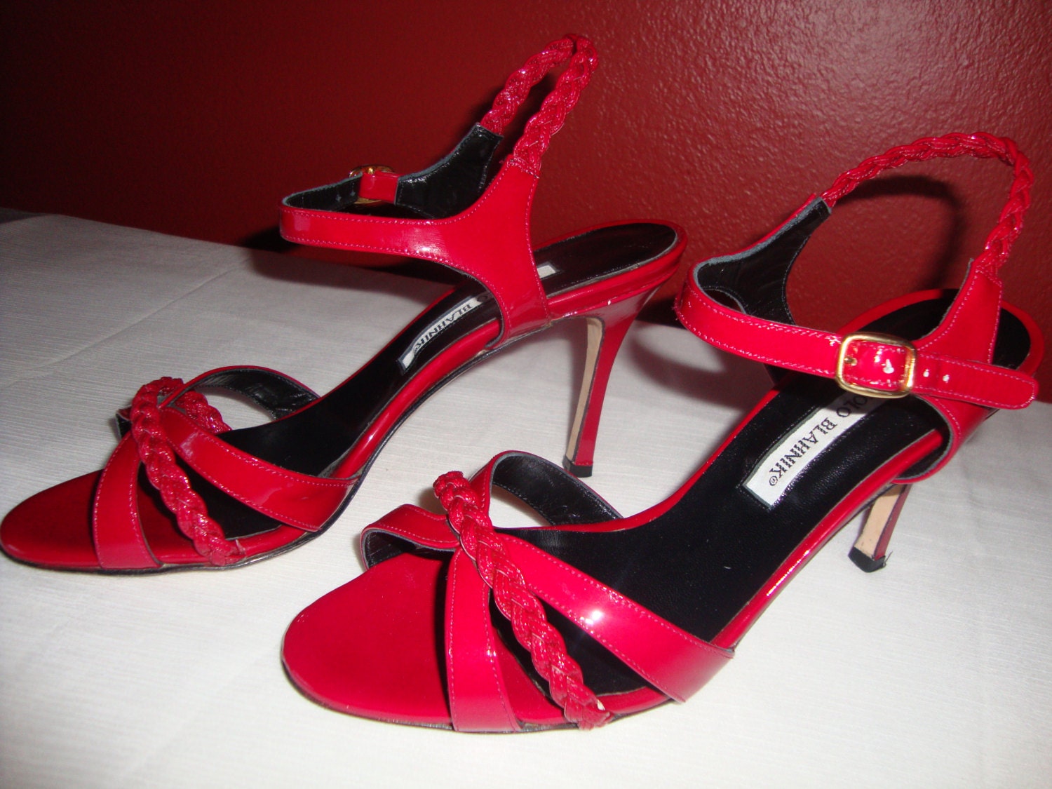 Manolo Blahnik Rasberry Red Patent Leather High Heel Slingback Sandals ...