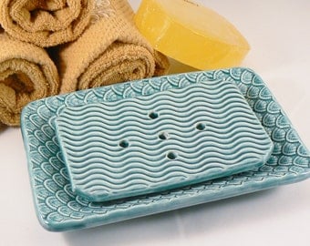 Ceramic Soap Dish with Drain in Teal Green with Scalloped Pattern Handmade