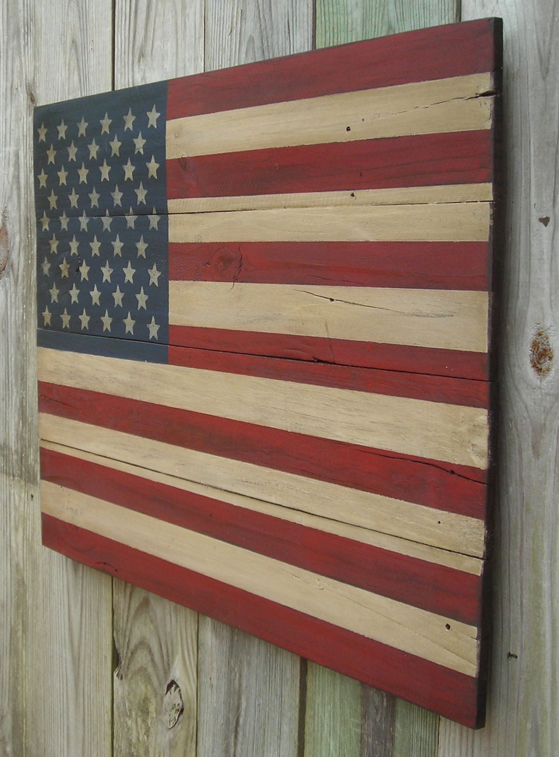 Weathered Aged Wooden American Flag 21 1/2 X 30 inches. Made