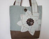 Blue Fabric Tote Bag, Large Brown Tote Bag, Appliqued Shoulder Bag, Womens Shoulder Bag, Blue Handbag Brown Handbag, Plaid Flower Tote Bag Blue Fabric Tote Bag, Large Brown Tote Bag, Appliqued Shoulder Bag, Womens Shoulder Bag, Blue Handbag Brown Handbag, Plaid Flower Tote Bag