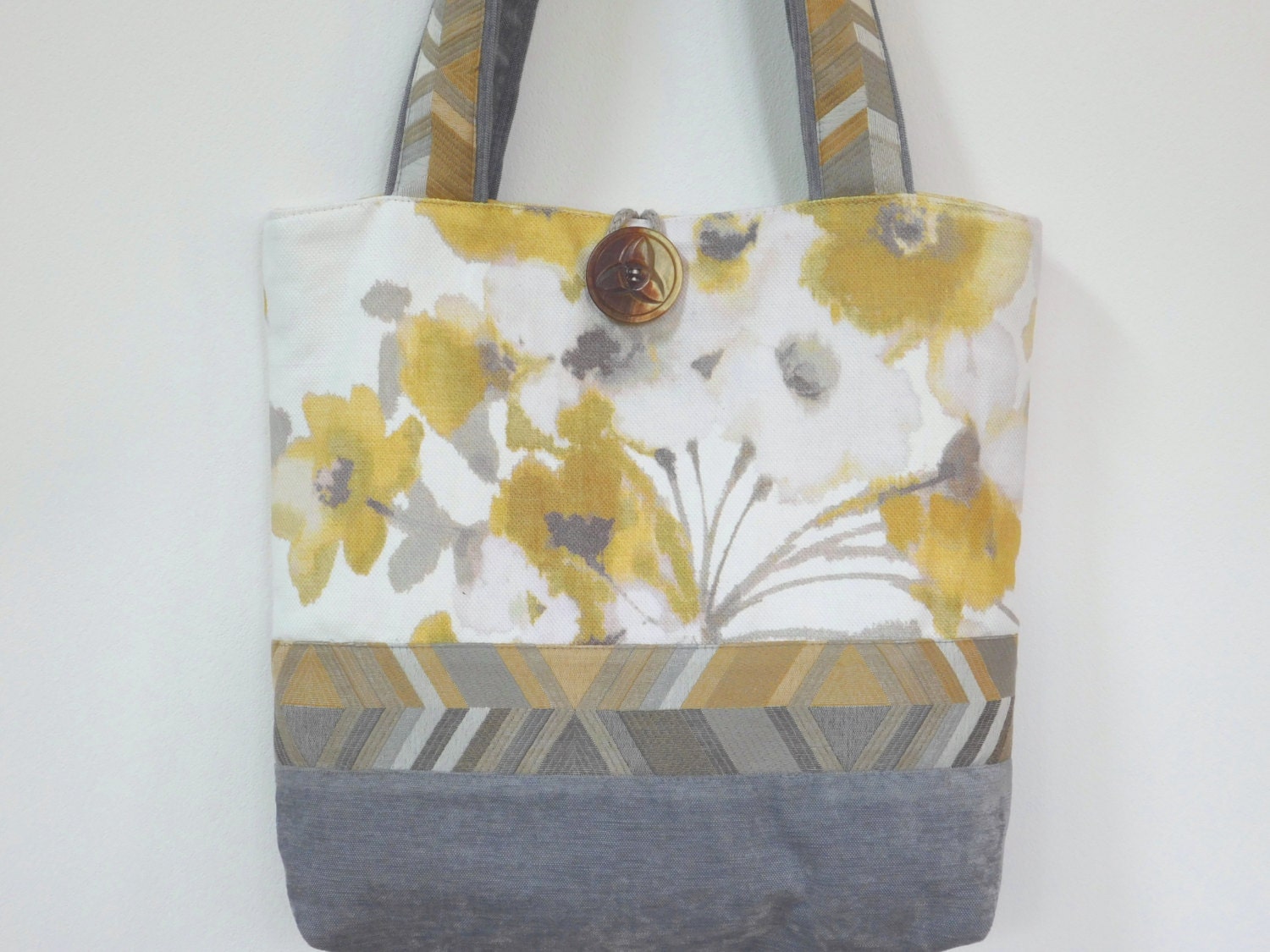 Grey Yellow Fabric Tote Bag Large Shoulder Bag Yellow