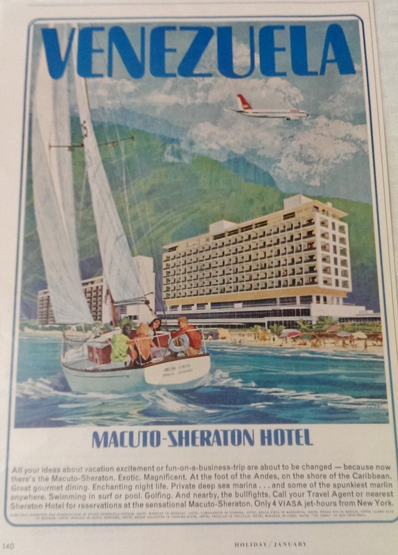 Vintage Ad Advertising, Wall Hanging Decor, Travel Advertisement, Vacation Ad, Sheraton Hotel Venezuela Wall Art, Holiday Magazine 1964