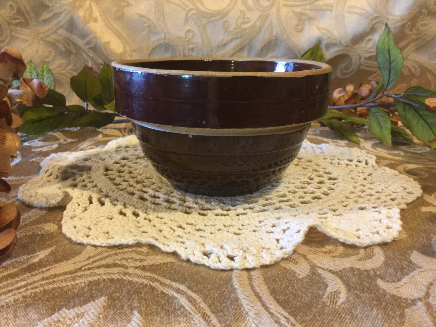 Antique/Vintage Small Brown Crock Berry Bowl by JennysPickMe