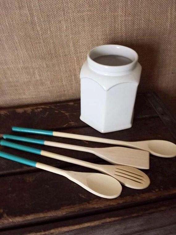 Kitchen utensil set and holder turquoise white by CraftyMcDaniel