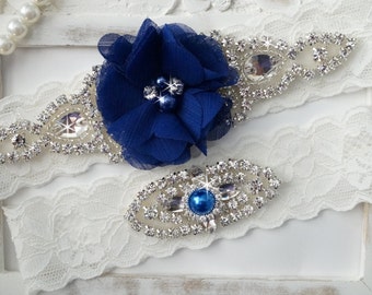 Wedding Garter Set, Bridal Garter Set, Vintage Wedding, Lace Garter, Navy Blue Garter, White Bridal Garter - Style 150