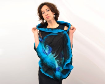 Turquoise silk shawl. Nuno felted scarf, scarves to dress, natural silk, merino wool, eco materials