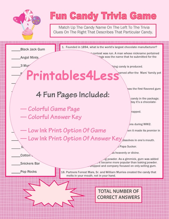 Candy Trivia Game Printable Trivia Game Candy Game Ideas