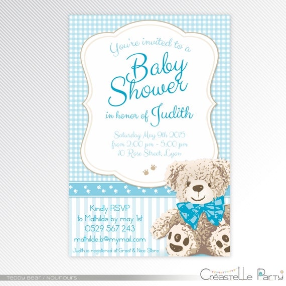 Blue teddy bear baby shower invitation