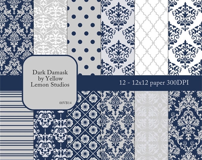 Navy digital paper: "DARK DAMASK" Navy paper in damask variety, silver accents, polka dot, stripe, large damask, swirls, vintage, wall paper