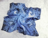 Blue chiffon silk scarf Hand-painted shawl neck head Original square silk scarf headband OOAK Watercolor Light dark blue Black 70x70cm28x28вЂќ