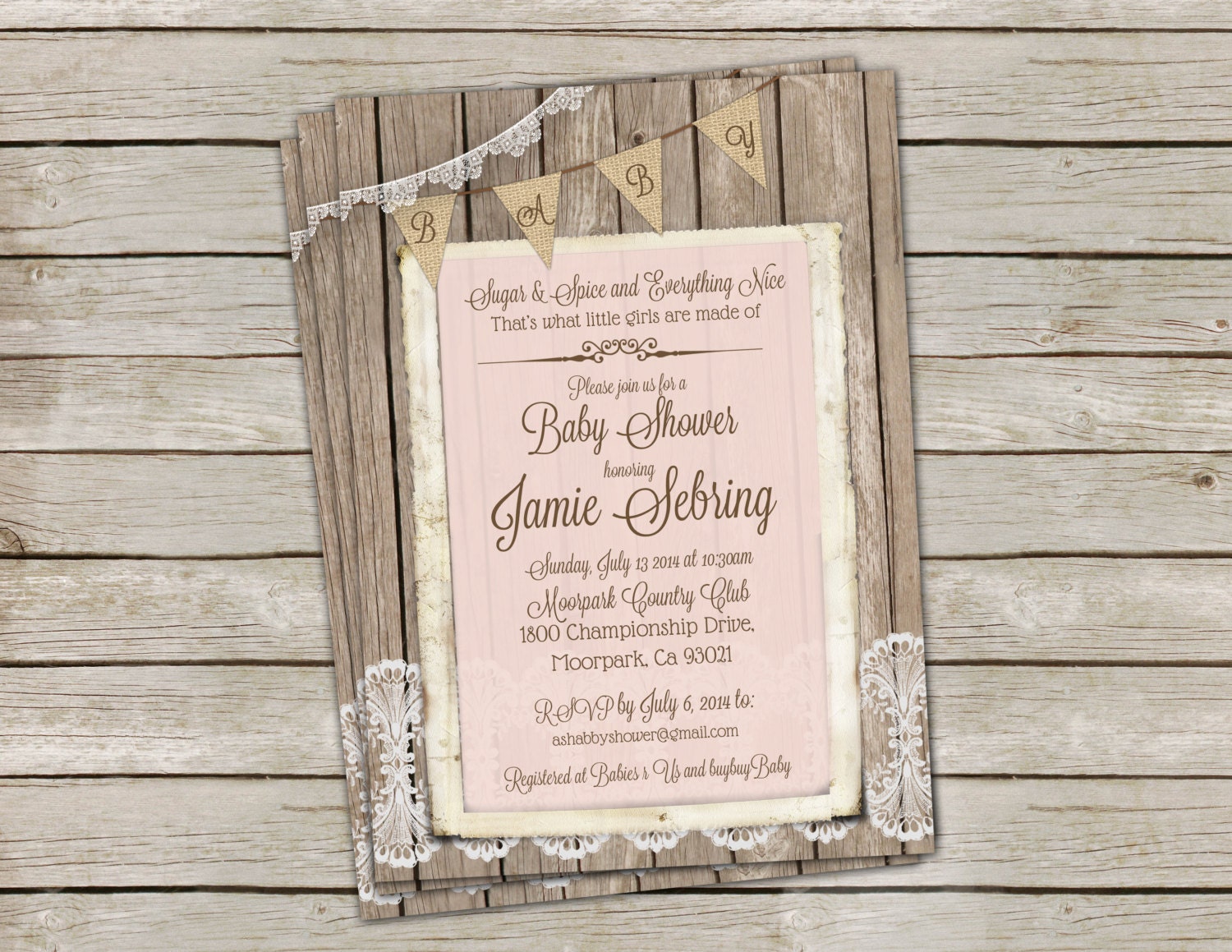 Rustic Shabby Chic Wood and Lace Baby Shower Invitation for