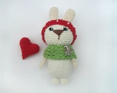 Tiny crocheted miniature white rabbit with red hart  / soft cute crocheted toy / Amigurumi  / Cute stuffed animal/ St.Valentine gift