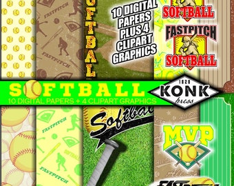 10 Digital Papers Softball Theme + 4 Clipart Pieces in png, scrapbook paper, JPG, 300 dpi, 12x12 inch papers