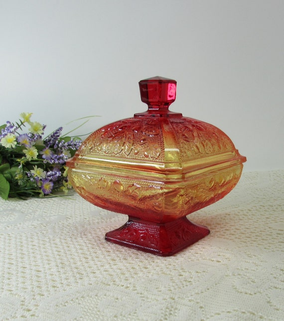 Red Pedestal Dish with Lid Amberina Color AcornLeaf