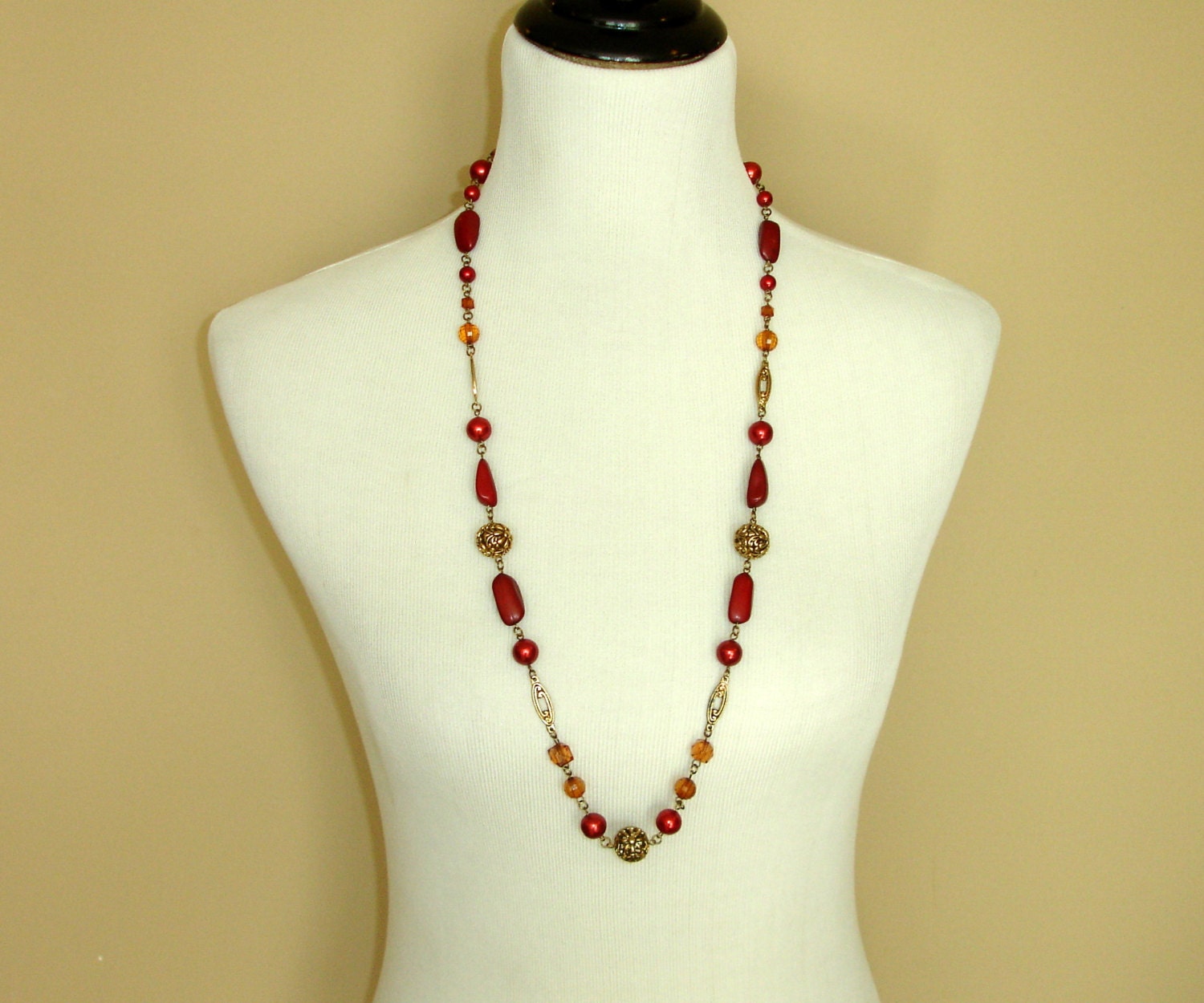 Vintage Beaded Necklace Garnet Red Necklace Gold Filigree