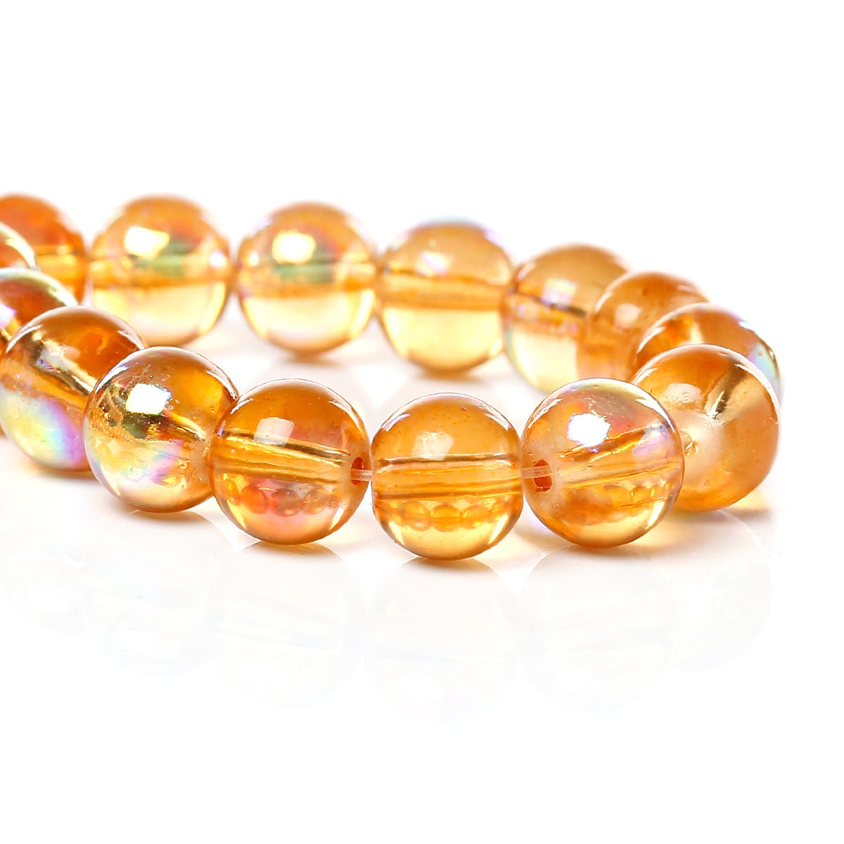 20 Orange Round Glass Beads Aurora Borealis Bright Pretty