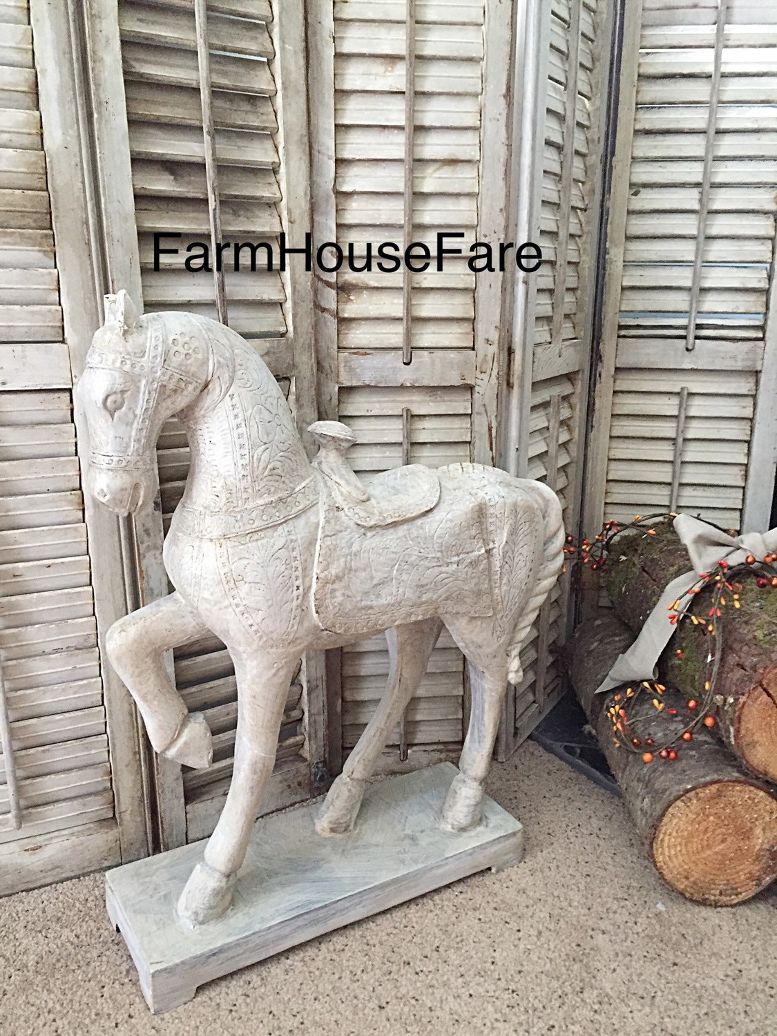 White Horse Statue Ceramic Vintage Chalk Painted Primative