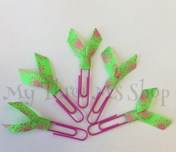 Pink Green Ribbon Bookmarks, Pink glitter burst clips, Filofax, planner ...