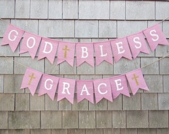 First Communion Banner, Custom Personalized Baptism Banner Garland, God Bless Bunting, First Communion Burlap Garland, Baptism Burlap Banner