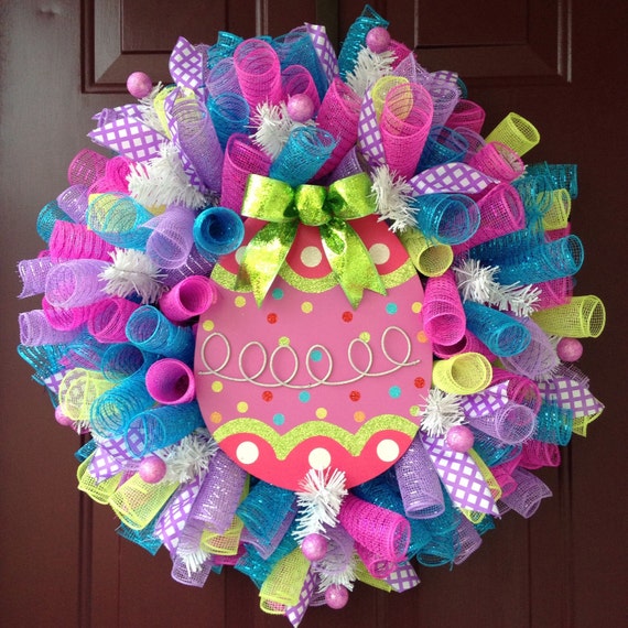 Easter Egg Spiral Deco Mesh Wreath Bright Spring Colors