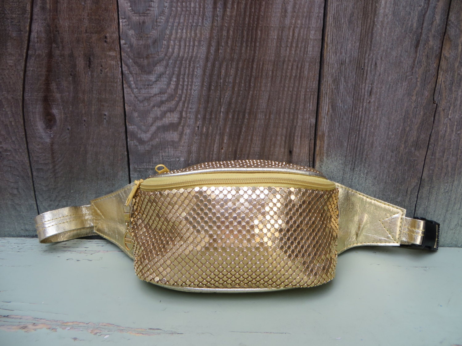 Vintage 1980s Gold Glomesh Fanny Pack Glam Leather Fanny Pack