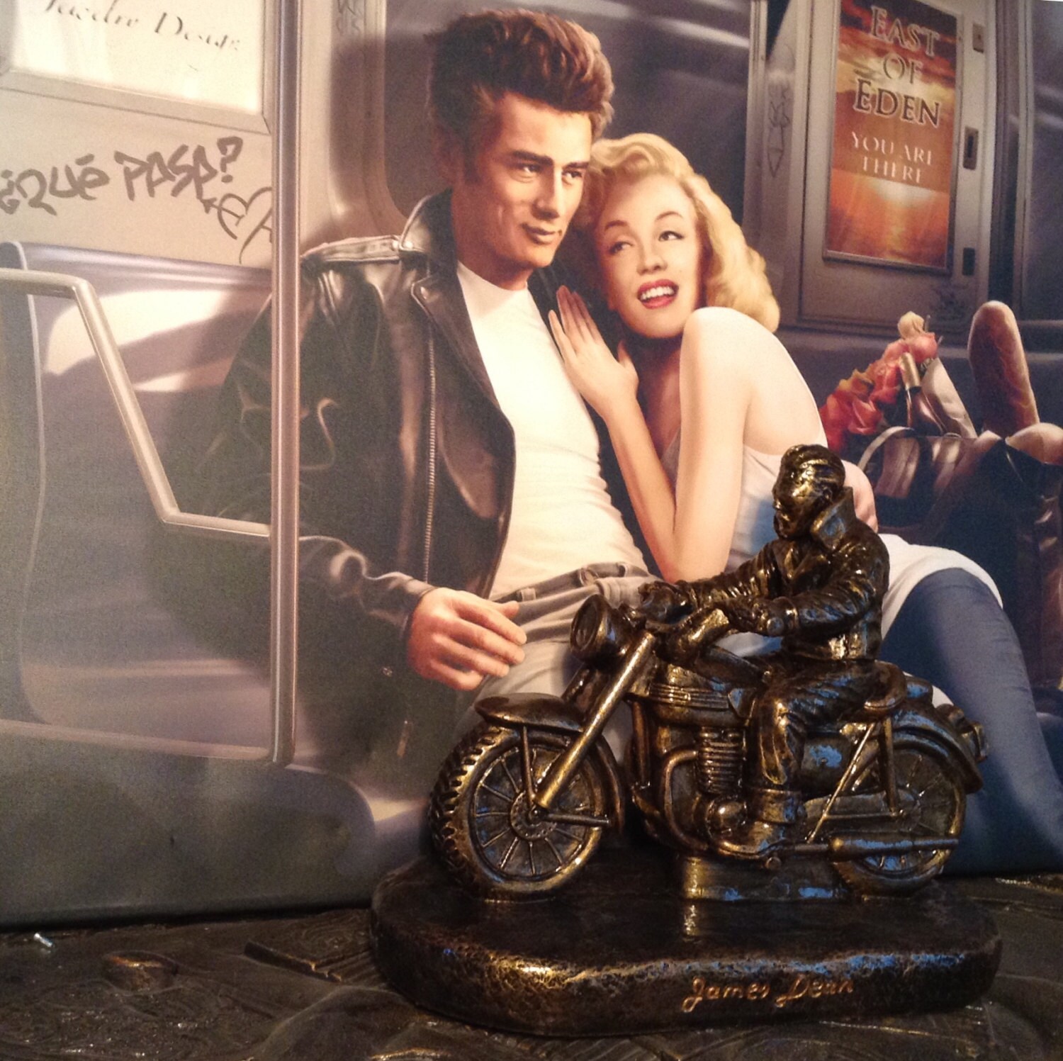 James Dean on a 1955 Triumph motorcycle stone art sculpture