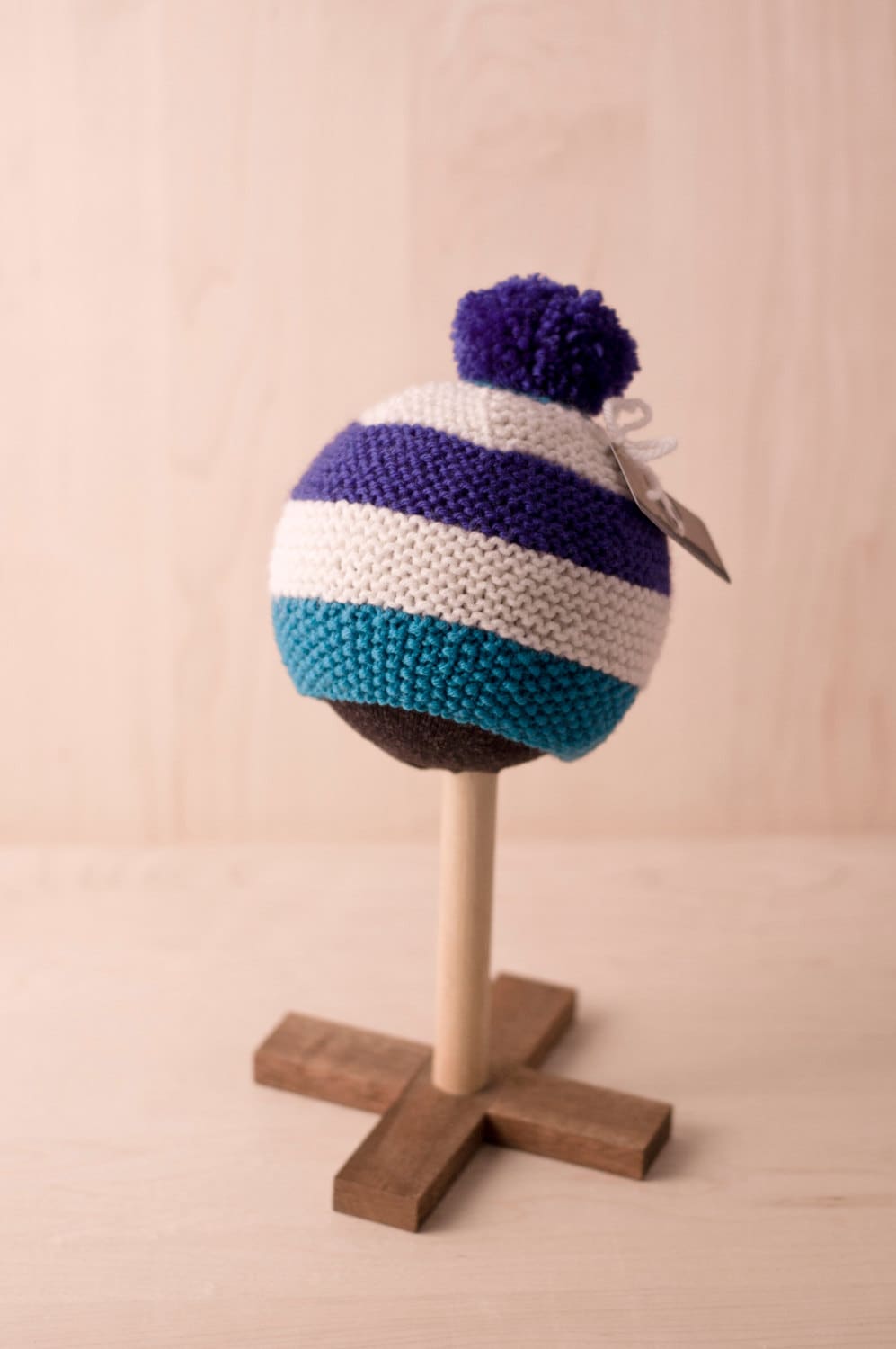baby pompom knitted striped Bobble hat in blue cream and teal
