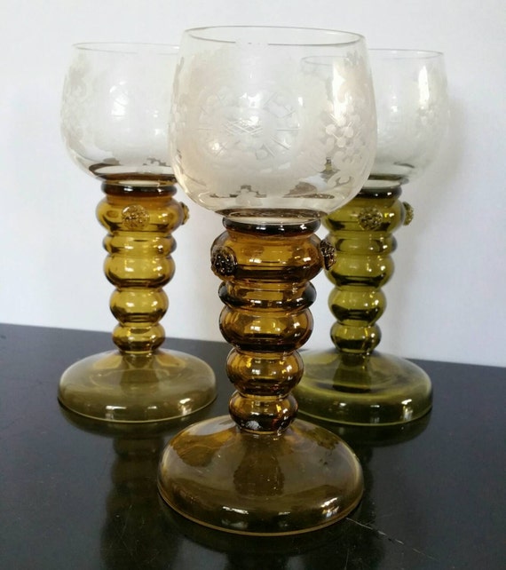 3 Vintage German Roemer Crystal Wine Glasses Hand Blown