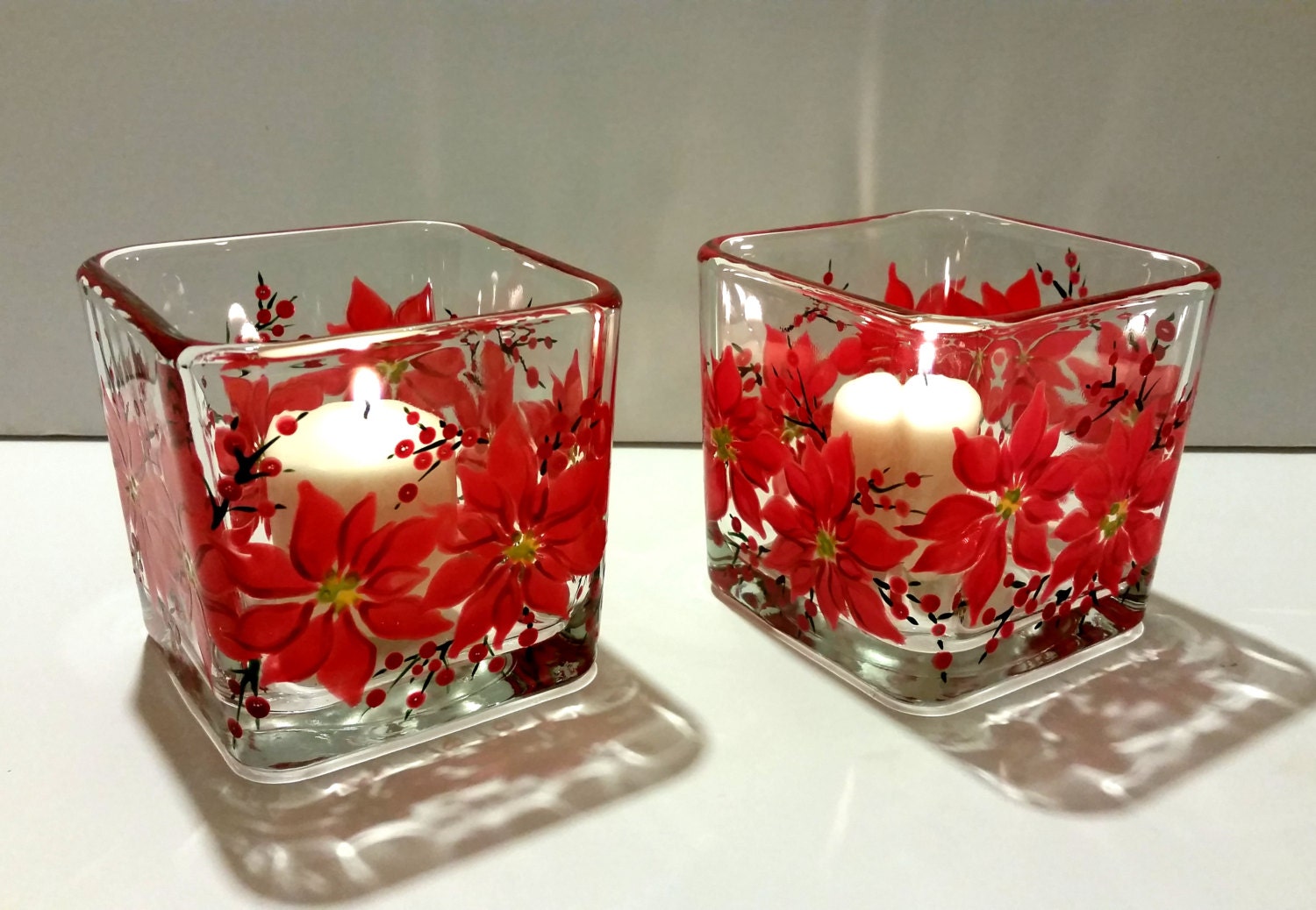 Hand Painted Poinsettia Candle Holder 3 Piece Set by PritzDesigns