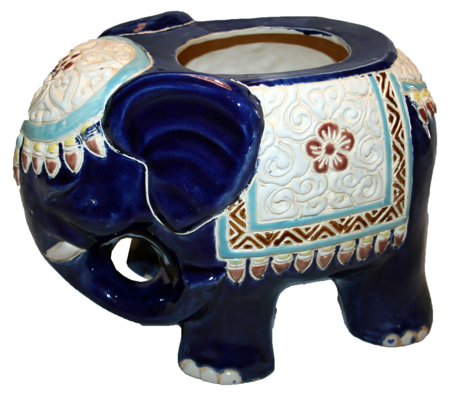 Vintage Glazed Ceramic Elephant Planter