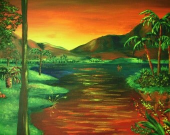 Acrylic Landscape Painting, Mountains and Palm Trees, Original Painting on 18x24 Canvas, Wall Art, Nature Art, Canvas Art, Acrylic Art