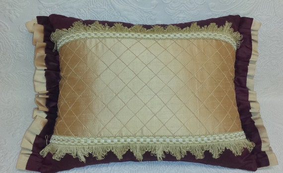 Silk Ruffled Victorian Throw Pillow with Fringe in Burgundy