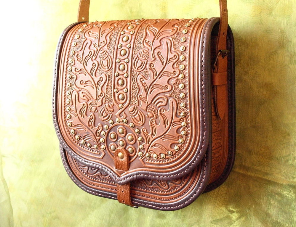 Tooled Leather Shoulder Bag Leather Brown Handmade by NataTrade