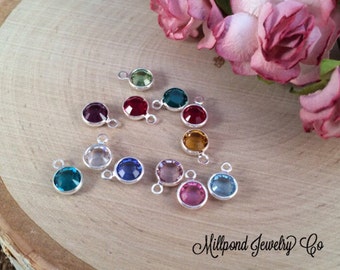 Birthstone Charms, Connector Charms, Bezel Set Birthstone Charms, Crystal Birthstones, Silver Plated Birthstone Charms, 1 Piece