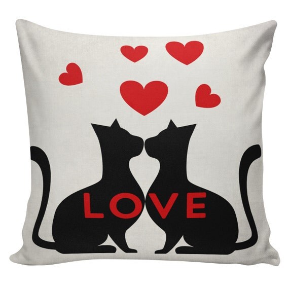 Valentine Pillow Love Heart Cats Cotton Canvas by UrbanElliott