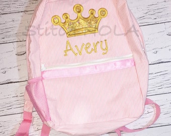 Gold Princess Crown Seersucker Backpack/Diaper Bag, Seersucker Diaper Bag, Seersucker School Bag, Seersucker Bag, Diaper Bag, School Bag, Bo