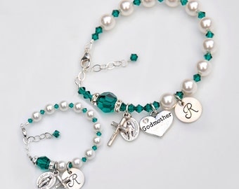 Personalized Baby Bracelet and Matching Godmother Bracelet Set - Emerald Green May Birthstone - Baptism Gift - Custom Rosary - Swarovski