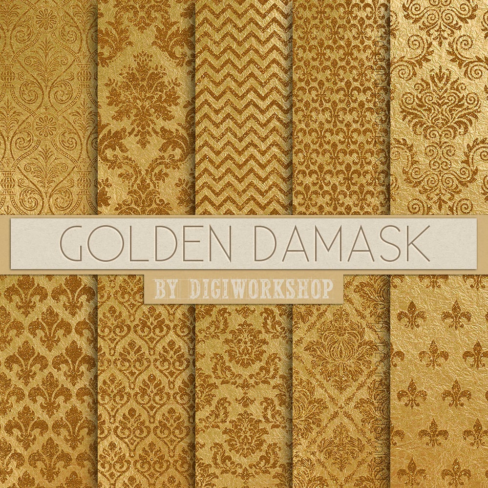 Gold Glitter Digital Paper Golden Damask set by