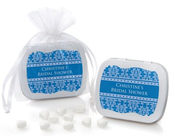 Damask Blue Mint Tin Party Favors - Bridal Shower Supplies - 12 Count