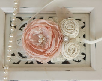 Flower girl headband, Blush pink and ivory vintage inspired ivory lace