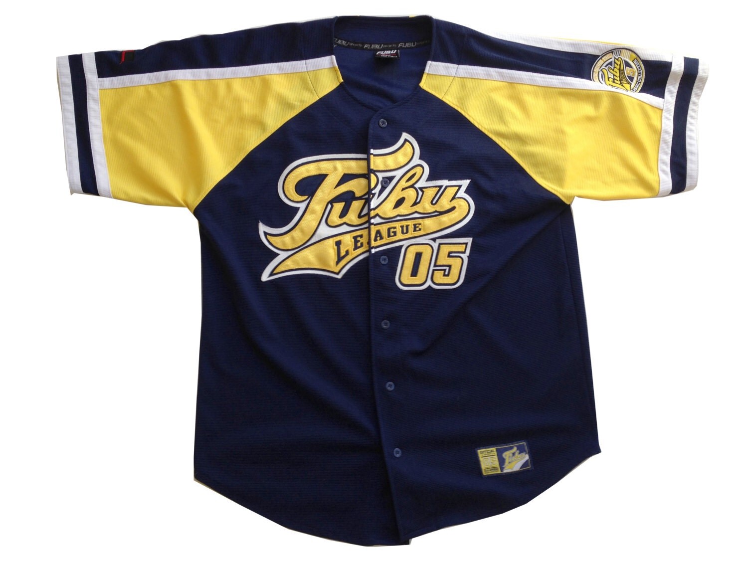 FUBU League Blue White Yellow Baseball Jersey XL