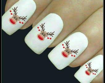 Christmas Nail Decal Reindeer Nail Art 20 Water Slide Decals Nail Stocking Stuffer Fingernail Decals Nail Tattoos Nail Transfers