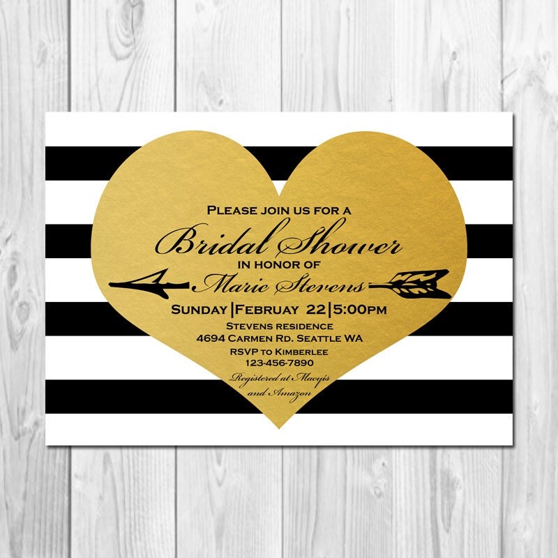 Gold Heart Bridal Shower Invitation Black White Gold
