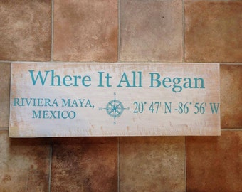 Where it all began coordinate wood sign, personalized location, dates and coordinates gift newlyweds, anniversary gift idea, sign