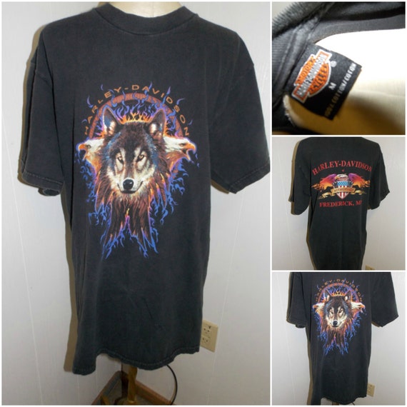 Vintage 1990's Harley Davidson Wolf & Eagle Flaming Logo T