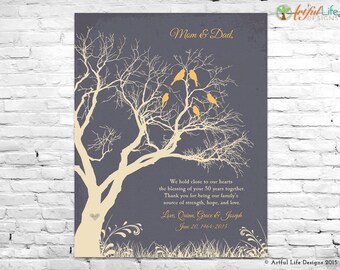 50th ANNIVERSARY GIFT Art Print, 50th GOLDEN Anniversary Sign, Anniversary Gift for Parents Grandparents, Family Tree Wall Art