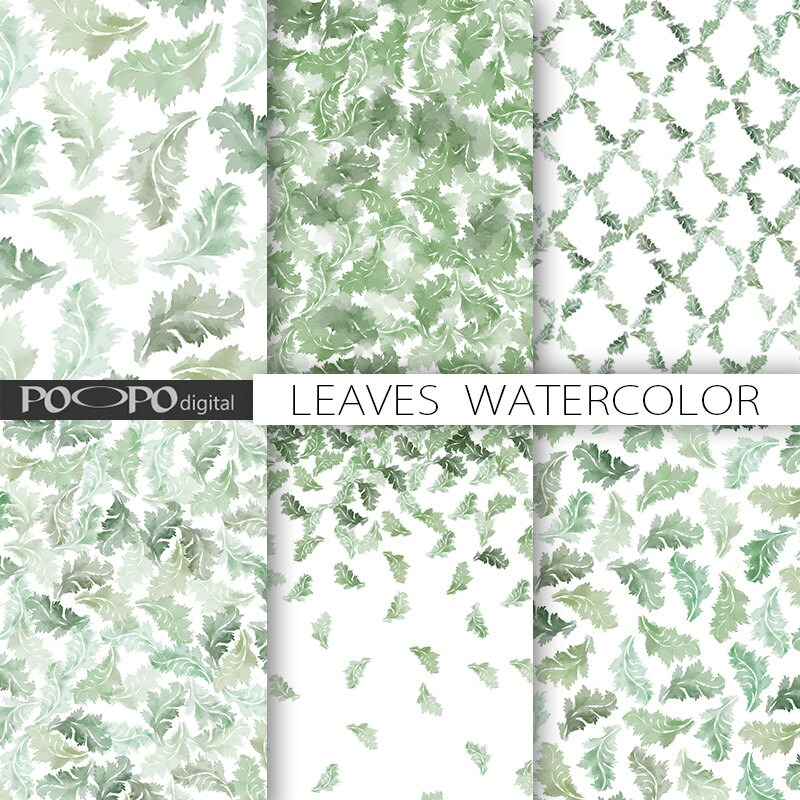 Leaves watercolor digital paper leaf scrapbooking paper green