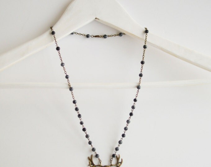 THE DEER SKULL // Necklace metal brass with beads natural stone obsidian // Gothic